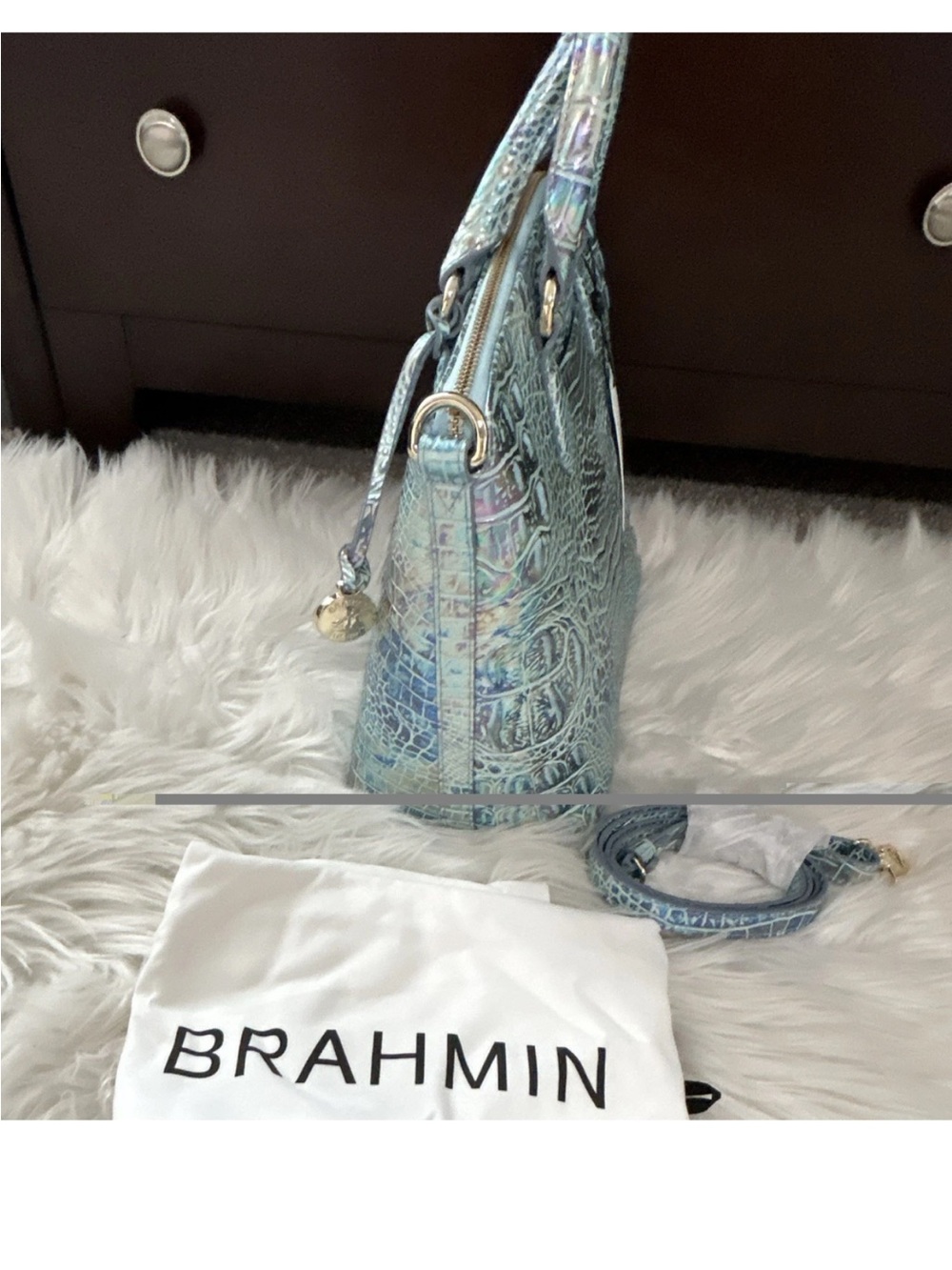 Brahmin wonderland Iridescent Aqua Blue Croc-Embossed Duxbury Satchel - Picture 4 of 8